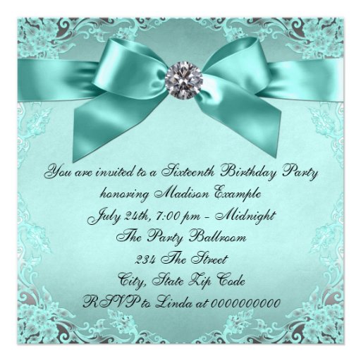 Elegant Teal Blue Sweet 16 Birthday Party Custom Invite