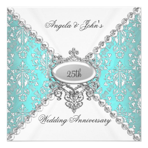 Elegant Teal Blue White 25th Wedding Anniversary Personalized Invitation (front side)