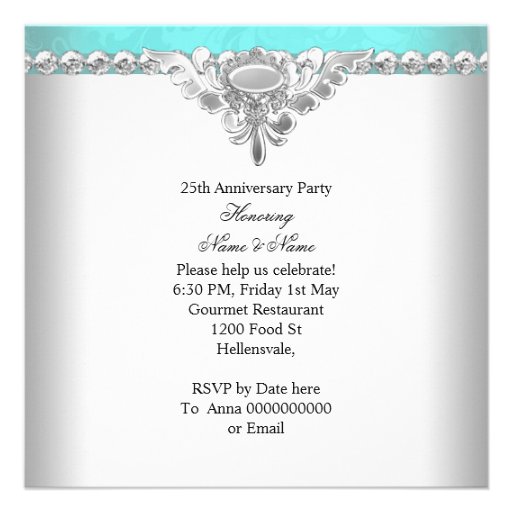 Elegant Teal Blue White 25th Wedding Anniversary Personalized Invitation