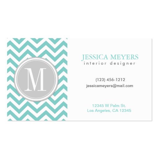 Elegant Teal blue & white Chevron with Monogram Business Card Template (front side)