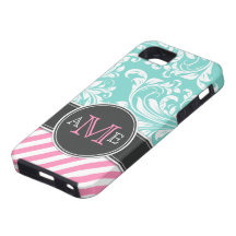 Elegant Teal Blue & white floral damask & stripes iPhone 5 Covers