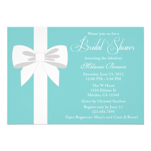 Elegant Teal Blue White Ribbon Bridal Shower Personalized Invitations (front side)