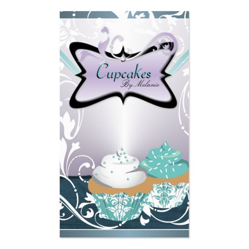 Elegant Teal Floral Swirl Cupcake Business Card (front side)