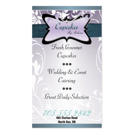 Elegant Teal Floral Swirl Cupcake Business Card (back side)