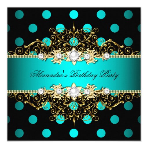 Elegant Teal Gold Black Polka Dots Birthday Party Custom Invitation Card