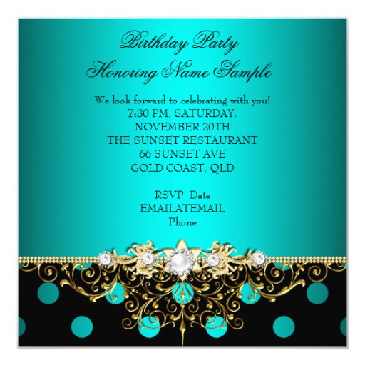 Elegant Teal Gold Black Polka Dots Birthday Party Custom Invitation Card