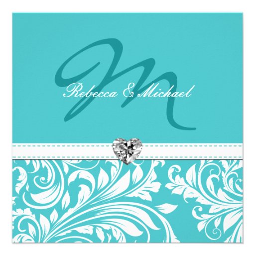 Elegant Teal Monogram Wedding Invites with Diamond