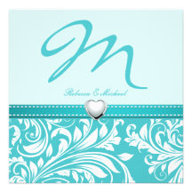 Elegant Teal Monogram with Platinum Heart Personalized Announcements