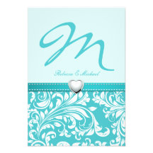 Elegant Teal Monogram with Platnium Heart RSVP Personalized Announcement
