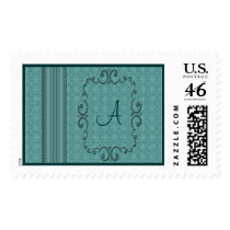 Elegant Teal on Teal Damask Monogram Postage Stamps