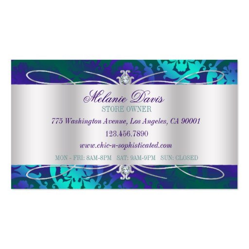 Elegant Teal Purple Damask Swirl Business Card (back side)