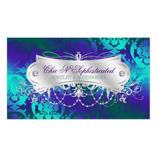 Elegant Teal Purple Damask Swirl Business Card (front side)