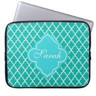 Elegant teal quatrefoil pattern monogram laptop sleeves