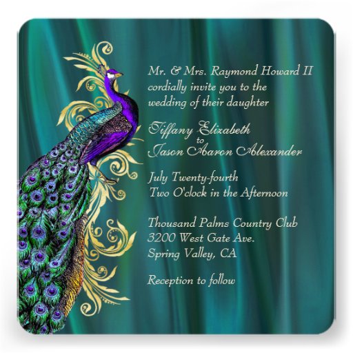 Elegant Teal Satin and Peacock Wedding Invitation