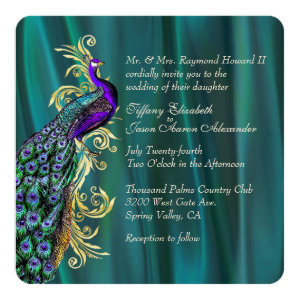 Elegant Teal Satin and Peacock Wedding Invitation 5.25