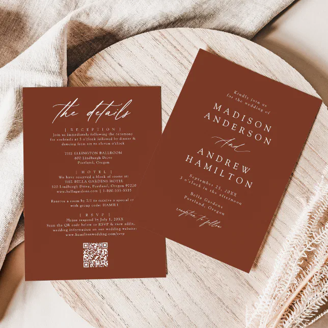 Elegant Terracotta All In One QR Code Wedding Invitation Zazzle