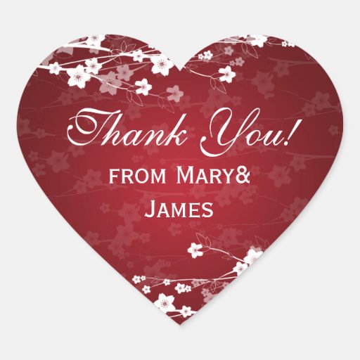 Elegant  Thank you Cherry Blossom Red Heart Stickers