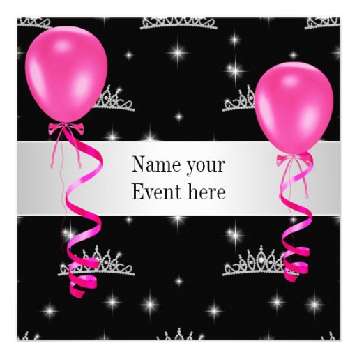 Elegant Tiara Black Pink Balloons Special Event Custom Invitations