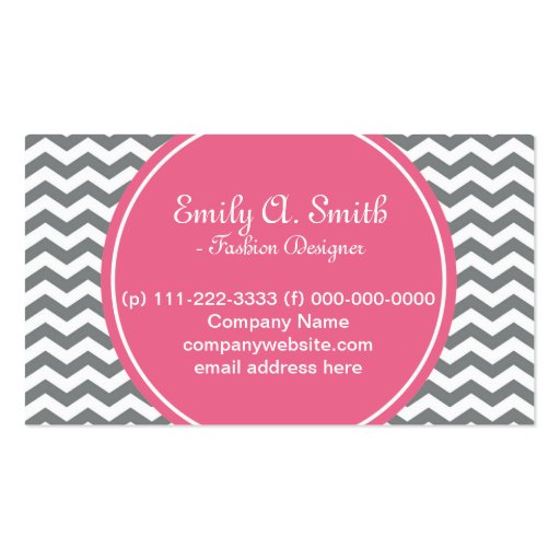 Elegant, trendy, girly  grey, white chevron pink business card (front side)