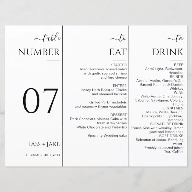 Elegant Trifold Table Number Modern Wedding Menu Zazzle