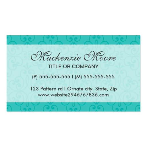 Elegant turquoise aqua blue ornate damask profile business card template (back side)