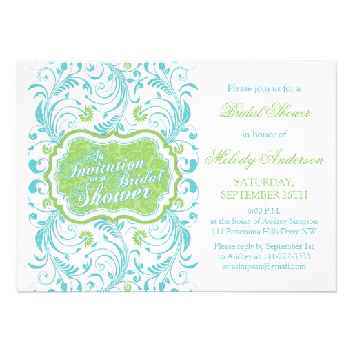 Elegant Turquoise Blue Green Floral Bridal Shower Personalized Announcements