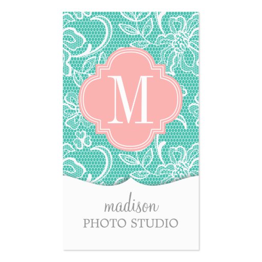 Elegant Turquoise Girly Lace Personalized Monogram Business Card Templates (front side)