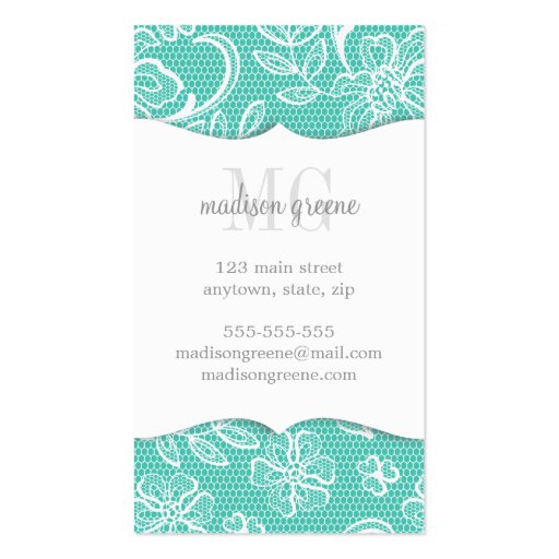 Elegant Turquoise Girly Lace Personalized Monogram Business Card Templates (back side)