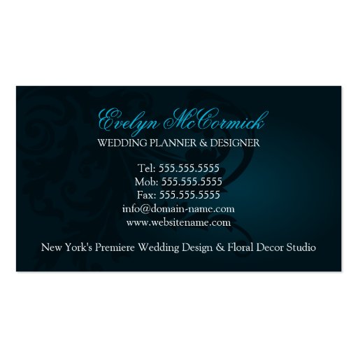 Elegant Turquoise Shimmer Flourish Business Cards (back side)