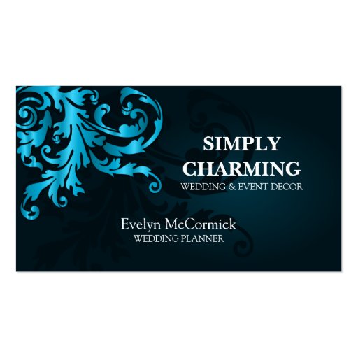 Elegant Turquoise Shimmer Flourish Business Cards (front side)