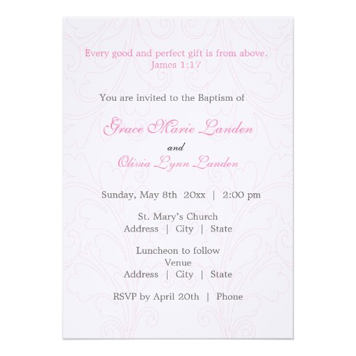 Elegant Twin Baby Girl Baptism Invitation