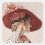 Elegant Victorian Lady Fine Art Vintage Rose Hat Square Stickers