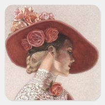 Elegant Victorian Lady Fine Art Vintage Rose Hat Square Stickers