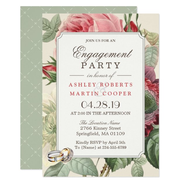Elegant Vintage Botanical Floral Engagement Party Card (front side)