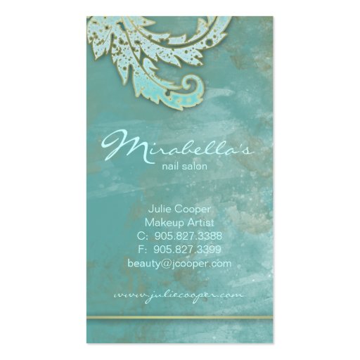 Elegant Vintage Business Card Verdigris Swirls Blu (back side)