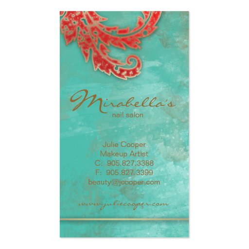 Elegant Vintage Business Card Verdigris Swirls Red (back side)