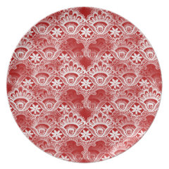 Elegant Vintage Distressed Red White Lace Damask Dinner Plates