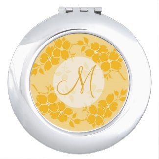 Elegant Vintage Floral Frame Yellow Monogram Makeup Mirror
