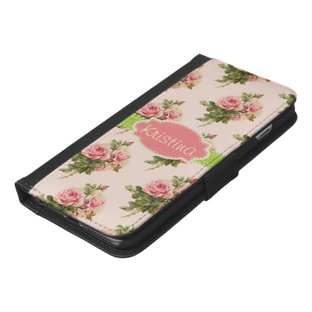 Elegant Vintage Floral Rose Pink Green Name-5