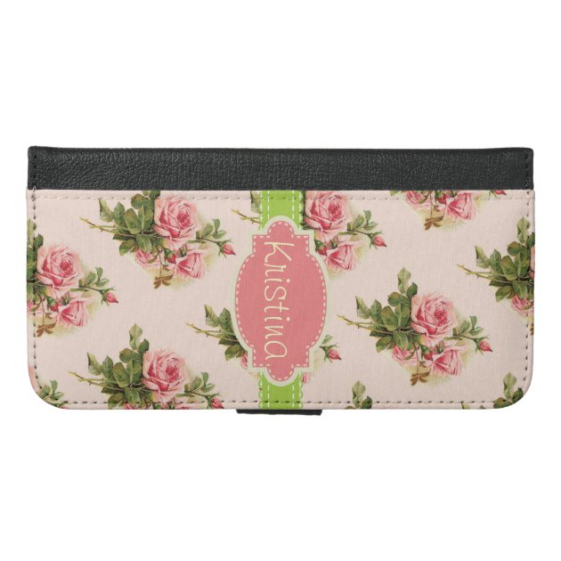 Elegant Vintage Floral Rose Pink Green Name-4