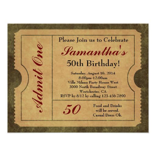 Elegant Vintage Gold Admit One 50th Birthday/Party Personalized Invite