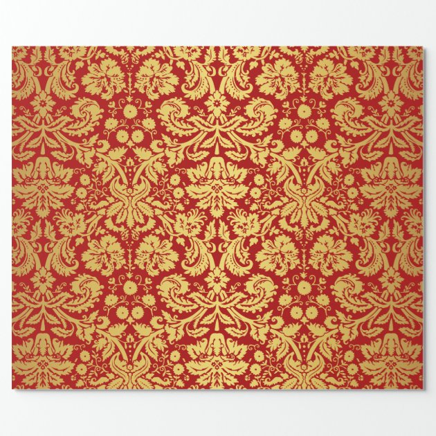 Elegant Vintage Red and Gold Royal Damask Pattern Wrapping Paper 2/4