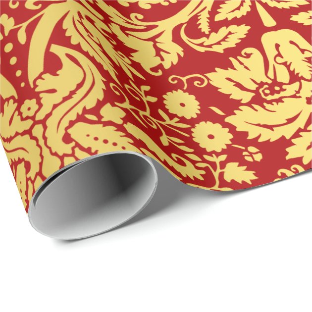 Elegant Vintage Red and Gold Royal Damask Pattern Wrapping Paper 3/4