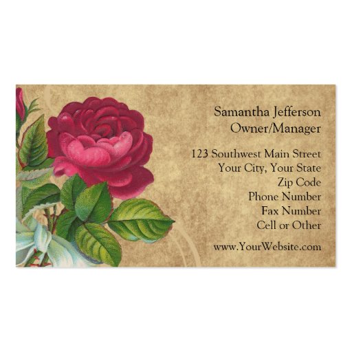 Elegant Vintage Rose, Magenta/Brown Business Card Template (back side)