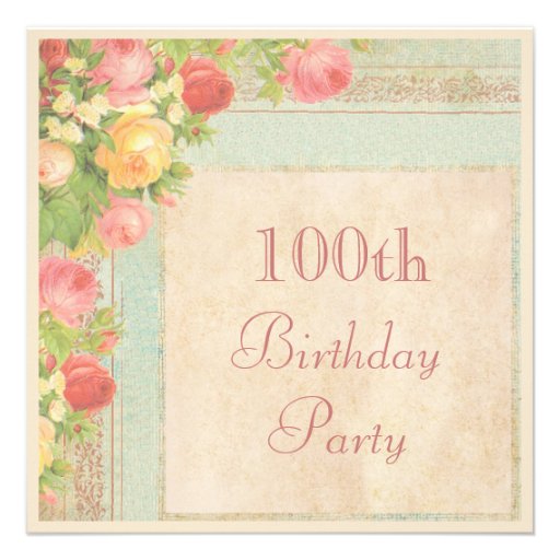 Elegant Vintage Roses 100th Birthday Party Custom Invitation
