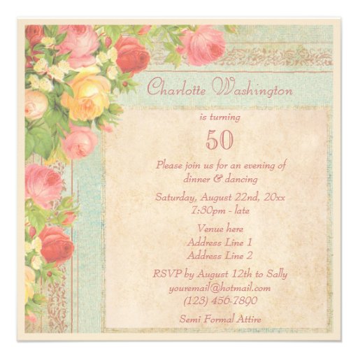 Elegant Vintage Roses 50th Birthday Party Announcements