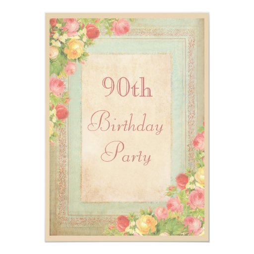 Elegant Vintage Roses 90th Birthday Party Personalized Invites (front side)