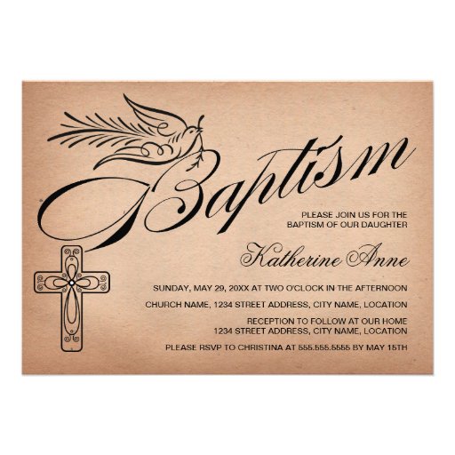 Elegant Vintage Script Cross and Dove Baptism Personalized Invite (front side)