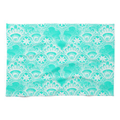Elegant Vintage Teal Turquoise Lace Damask Pattern Towels