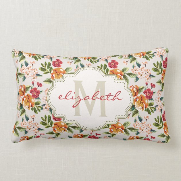 Elegant Vintage Watercolor Flowers Monogrammed Pillows